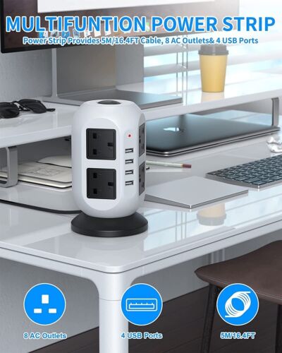 Tower Extension Lead 8 Socket +4 USB With Indicator & Surge Protection 5mt Wire - Picture 2 of 6