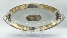 Antique Japanese Hand-Painted Nippon Porcelain Oval Celery Dish with Geisha & Pagoda Scene