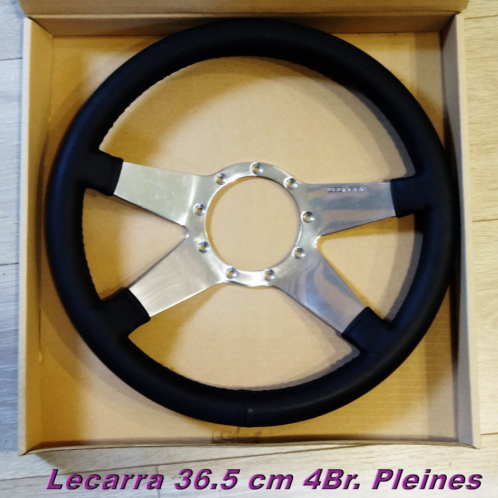 Volant cuir Moto-Lita 36.5 cm alu poli 4 branches pour auto rétro et vintage