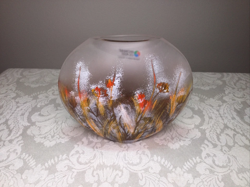 Womar Glass Blown Painted Flowers Yellow Red Oval Vase 5” - Image 4 of 4