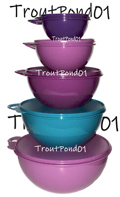 Tupperware Thatsa Bowls Lot 5 Mixing Bowl Set 32 19 12 6 2.5c Purple Teal Grape
