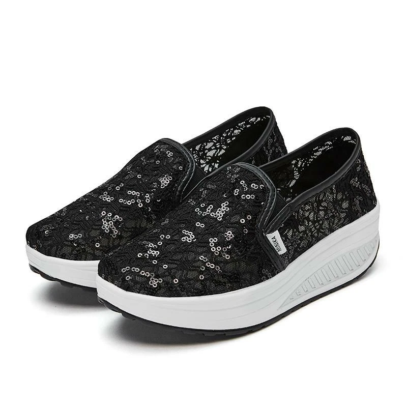 Zapatos de malla de encaje para mujer lentejuelas transpirables mocasines sin cordones huecos coreanos OL Foto 4 de 4