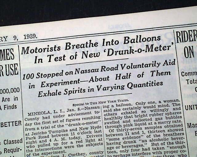 1ST BREATHALYZER Blood Alcohol Content "Drunkometer" Balloon Test 1939 Newspaper PY11399