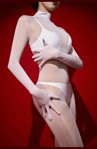 Rückenreißverschluss nahtlos Bodystocking Body transparent ölig glänzend Overall mit Handschuhen - Bild 36 von 69