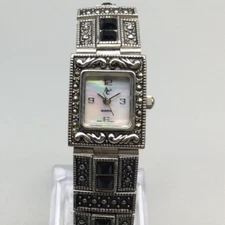 AC Marcasite Watch Women 19mm Silver Tone MOP Dial Scrolled Bezel New Battery 7"