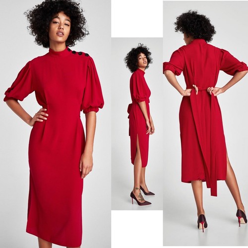 ZARA WOMAN MIDI KLEID ROT GÜRTEL KNÖPFEN SCHLITZ DRESS RED MAROON BUTTONS SLIT - Picture 4 of 8