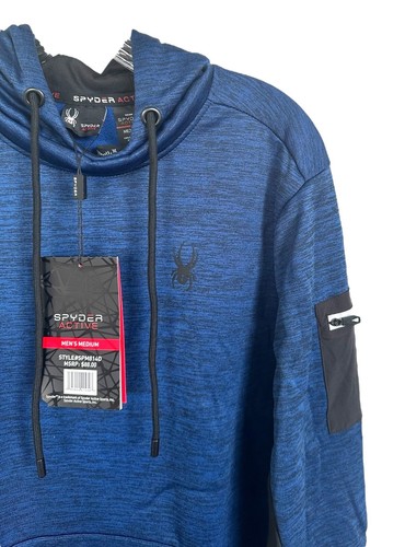 Spyder Men's Tech Fleece Hoodie Long Sleeve with Sleeve Pocket Size M Navy Blue - Picture 6 of 9