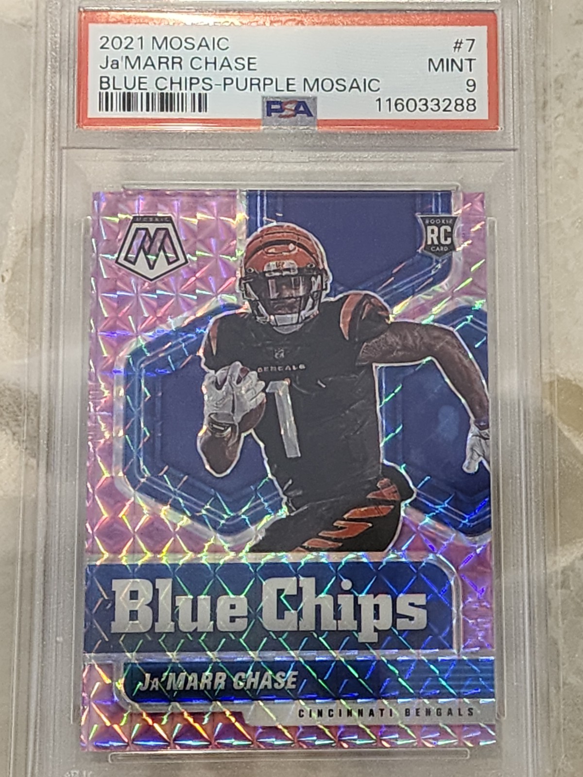 2021 Panini Mosaic - Blue Chips Ja'Marr Chase #7 (RC) Purple /49 PSA 9