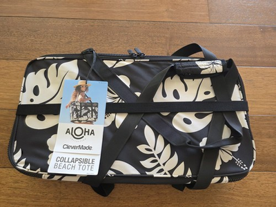 #ad Aloha Collection CleverMade Collapsible Beach Tote Bag Floral Black $49.99