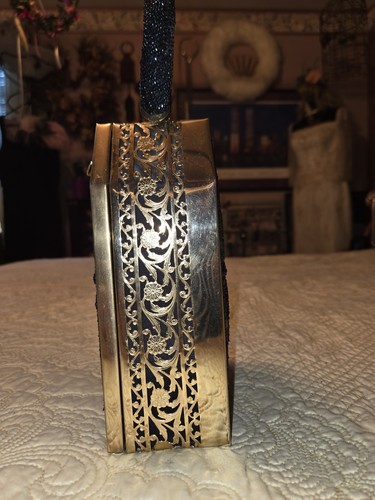 RARE 1940'S TYRLEAN ANTIQUE DARK BLUE BEADED AND BRASS PURSE HANDBAG EXCELLENT - Picture 2 of 19