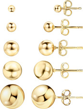 18K Gold Plated Ball Stud Earrings Set, Sizes 3-10MM, 5 Pack, High Polish Finish