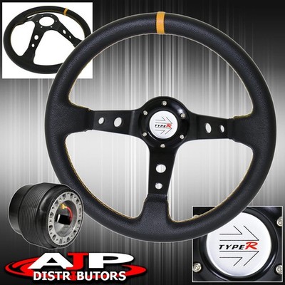 Deep Dish Black Steering Wheel Yellow Stitching Hub Type-R For 1994-1995 Eclipse