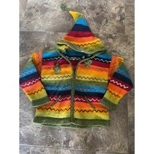 Kids Colorful Knit Hooded Wool Sweater Rainbow Pixie Elf Hood Jacket EUC Vintae