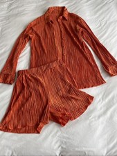 Women  s Two Piece Orange Short Set With Long Sleeved Button Down