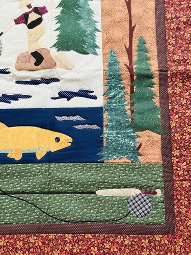 Fly Fishing Themed Patchwork Quilted Blanket Hand Made 33” x 26” - Picture 4 of 9