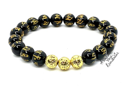 Bracciale Buddista Elastico Ossidiana Nera e Roccia Lavica con Mantra Inciso - - Foto 5 di 33