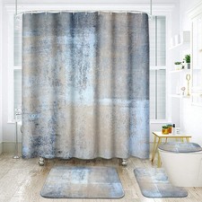 4 Pcs Shower Curtain Set Abstract Blue Bathroom Set with Shower Curtain and R...