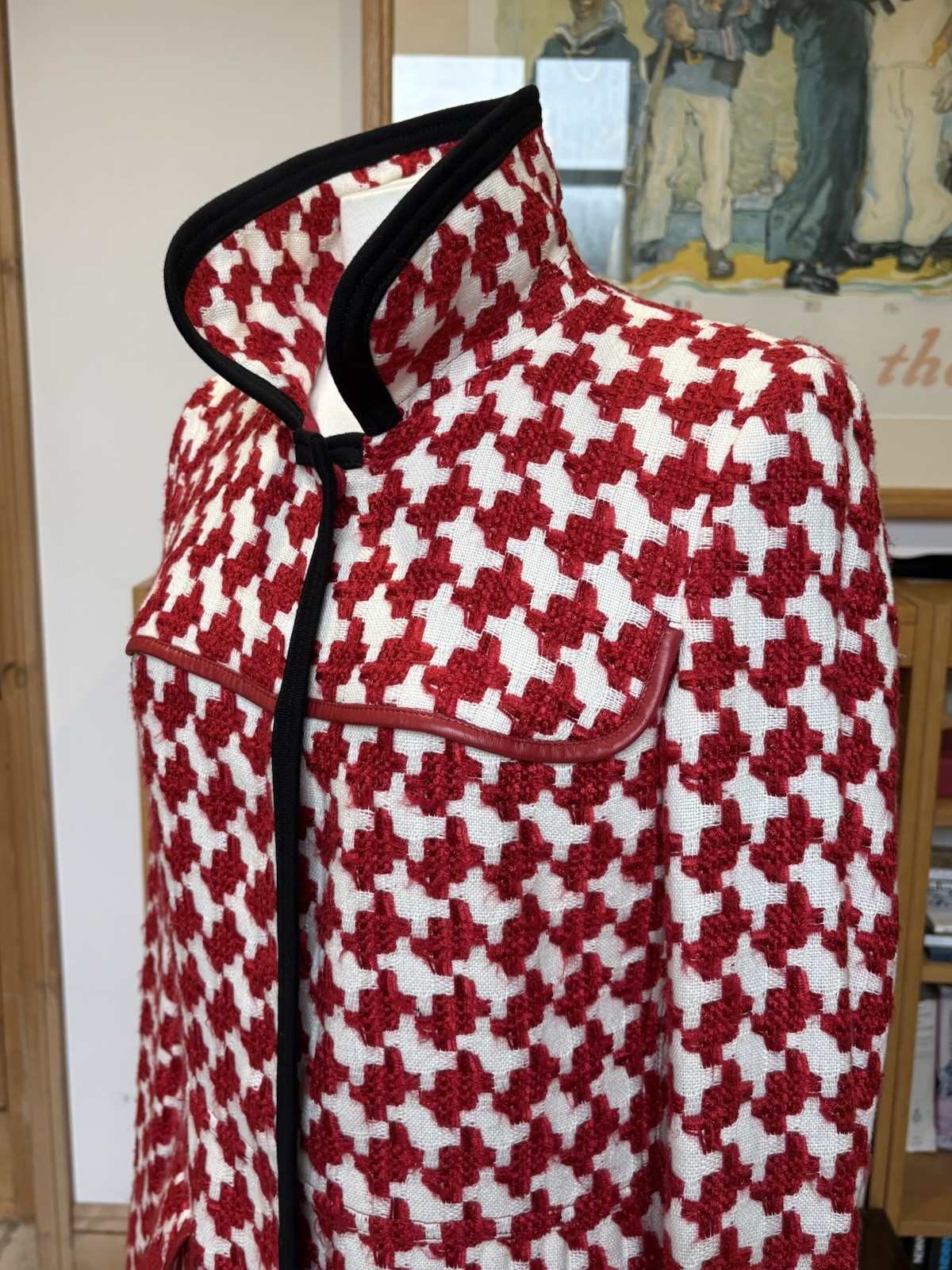 Prada Red & White Houndstooth Vintage Coat With Black Details Size 40 UK 8 image 4