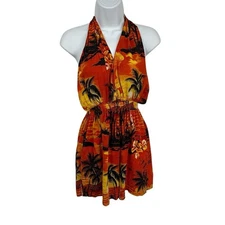  Bahamas Print Halter Romper Shorts size XL Orange Rayon Beachy Resort Unbranded