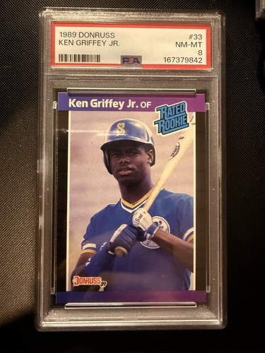 1989 Donruss - Rated Rookie Ken Griffey Jr #33 *Denotes on Back (RC) PSA 8