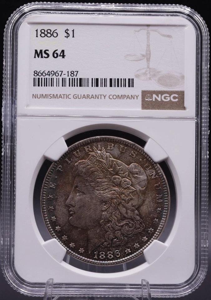 1886 $1 Morgan Silver Dollar NGC MS64 Full Toning Red Blue Purple Gold Coin - Image 3 of 4