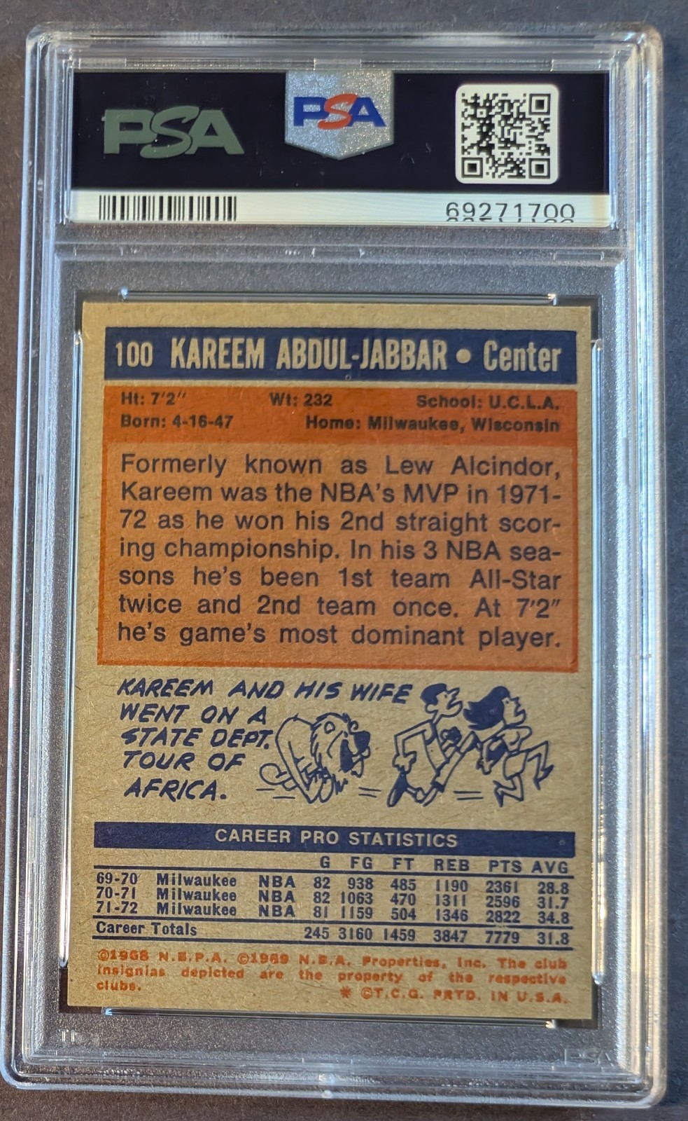 1972-73 Topps - #100 Kareem Abdul-Jabbar  - PSA 7 view 2