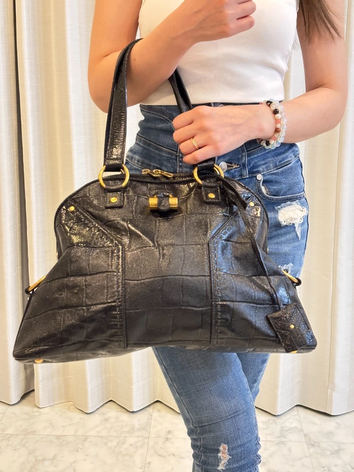YSL Muse Handbag Black Croc Patent Leather Bag Tote Authentic - Image 2 of 4