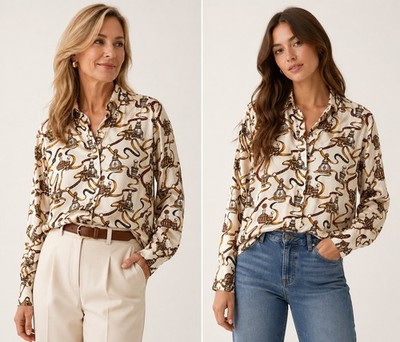 Talbots 100% Silk Blouse Size 8 Cream Gold Chain Perfume Print Button Front