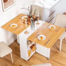 53'' Folding Dining Table with Drop Leaf & Wheels & 2-Layer Storage Shelf, White