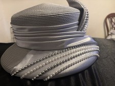 Hi's Silver Church/Dress Hat One Size w/ Rhinestone  Pearl Beaded Trim