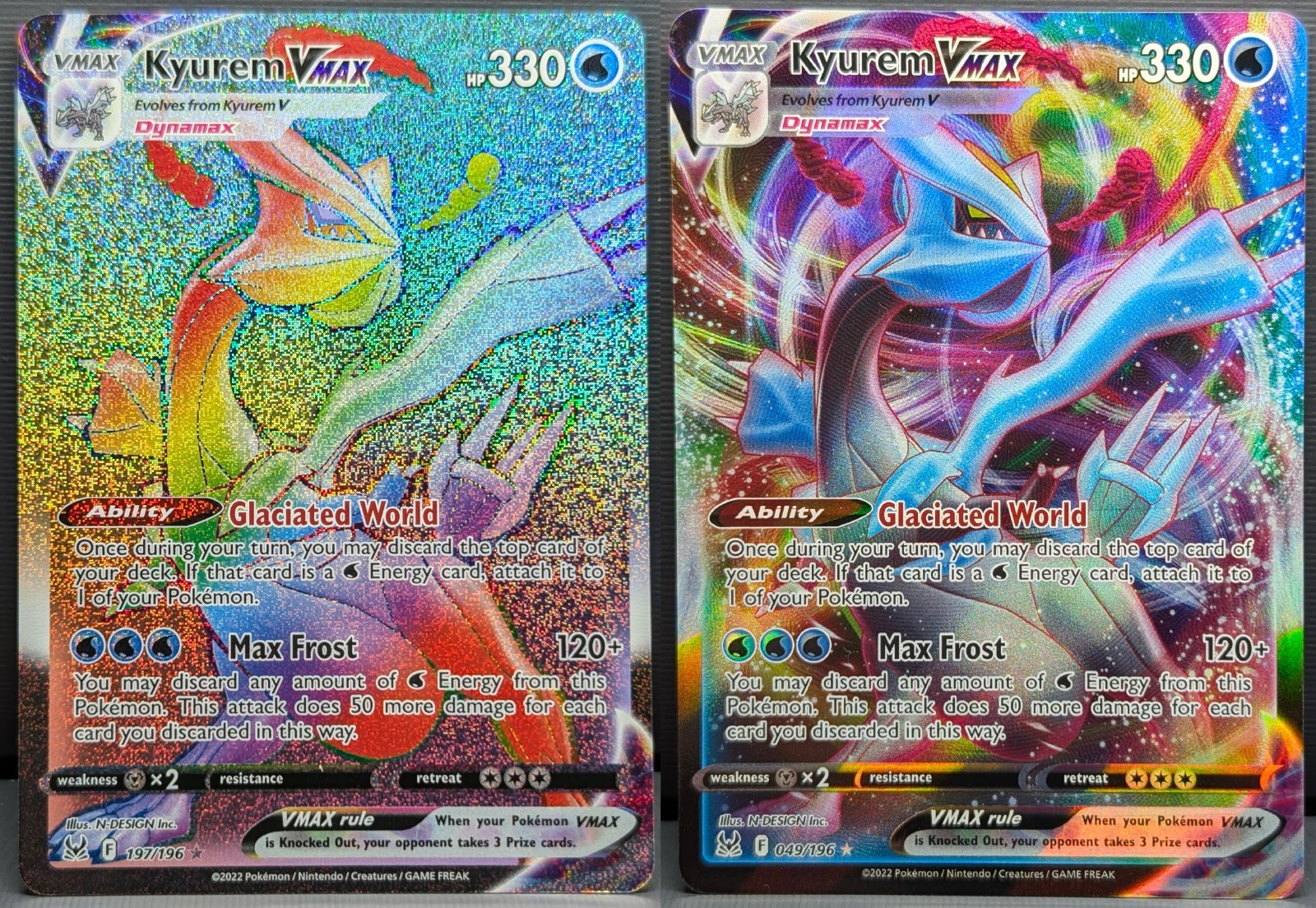 Kyurem VMAX Secret Rare 197/196 + Ultra Rare 049/196 Pokémon TCG Lost Origin NM