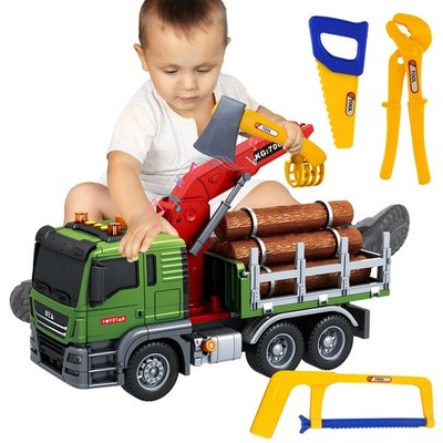 15 Inch Friction Powered Timber Truck Toy with Loading Crane, 6 Wooden Logs &...