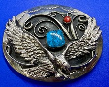 Attacking Eagle With Turquoise  Coral Stone Native American Indian Belt Buckle