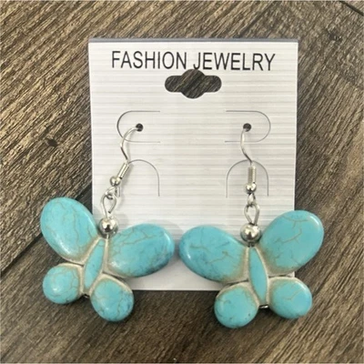 Turquoise Butterfly Dangle Hook Earrings Natural Stone - Image 1 of 2