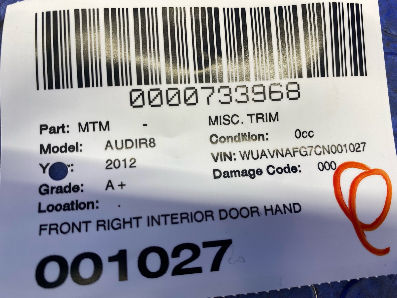 2008-2015 Audi R8 v10 Oem FRONT RIGHT INTERIOR DOOR HANDLE TRIM PANEL 423868824B