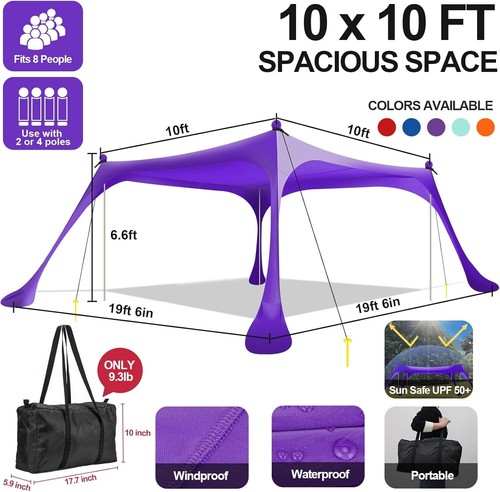 Beach Tent Pop Up Shade 10x10ft Beach Canopy Sun Shelter UPF50+ - Picture 3 of 6