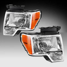 For 2009-2014 Ford F150 Chrome Housing Amber Corner Headlights Headlamps L+R