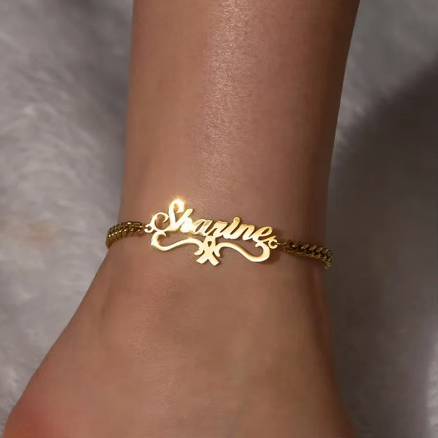 Nombre Personalizado Tobillera Cinta Forma Ajustable Joyería Acero Inoxidable Mujeres Plata Foto 4 de 4