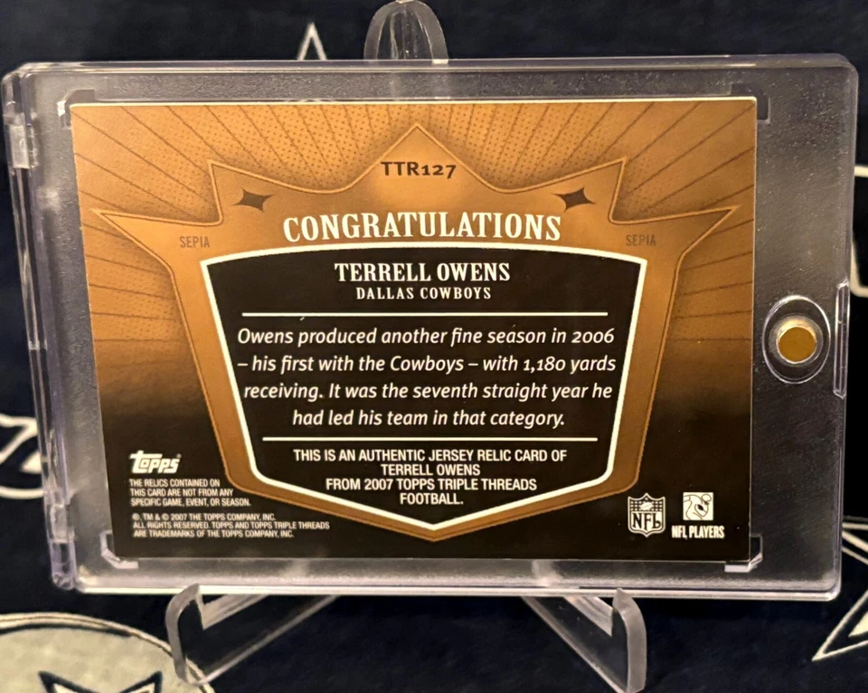 2007 Topps TRIPLE THREADS SEPIA Holo Dallas Cowboys TERRELL OWENS DUAL JERSEY 27 - Image 4 of 4
