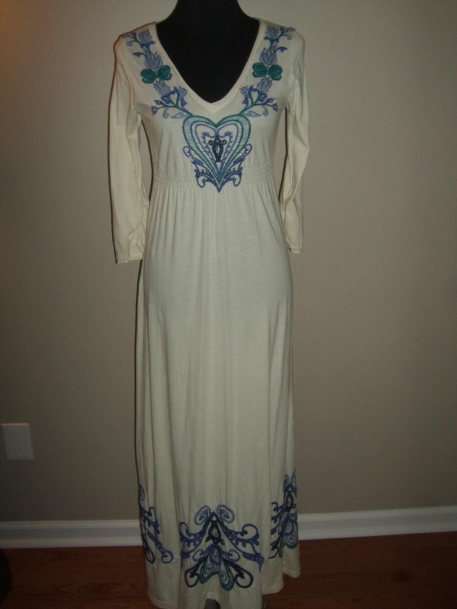 JWLA Embroided 100% Cotton V Neck Empire Waist Maxi Dress with Size XS NWOT  | eBay