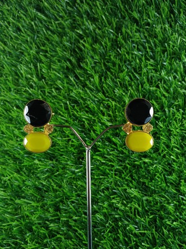 Beautiful Golden Black and Yellow Mickey Mouse Face Gemstone Earrings For Women - Picture 7 of 11