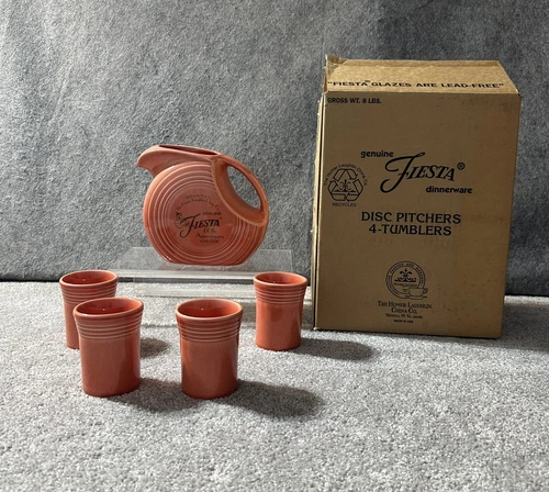 Fiesta Fiestaware 60th Anniversary Persimmon Disc Pitcher 4 Tumblers with Box