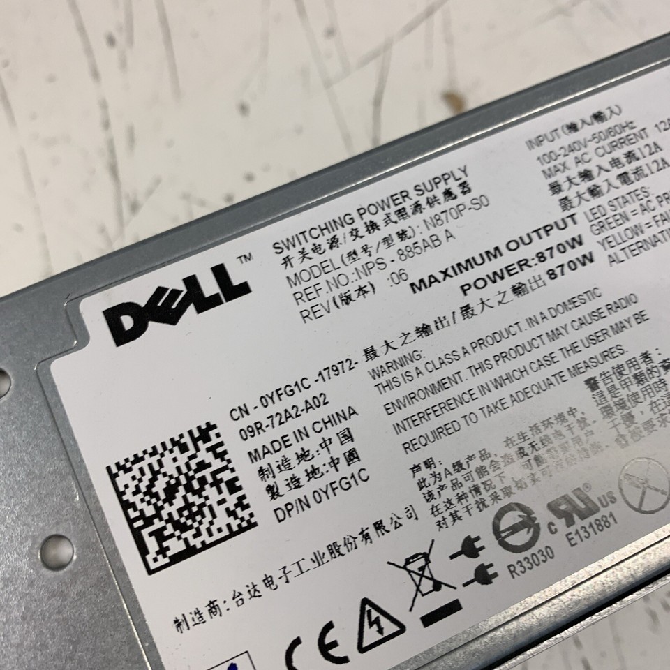 Dell PowerEdge 870W Server Power Supply N870PS0 NPS885AB A YFG1C