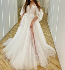 Sweetheart Tulle Wedding Dresses Lace Flowers Puff Sleeves A-line Bridal Gowns
