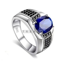 Blue Sapphire Oval Cut Gemstone With 14K Solid White Gold Ring For Men's 198