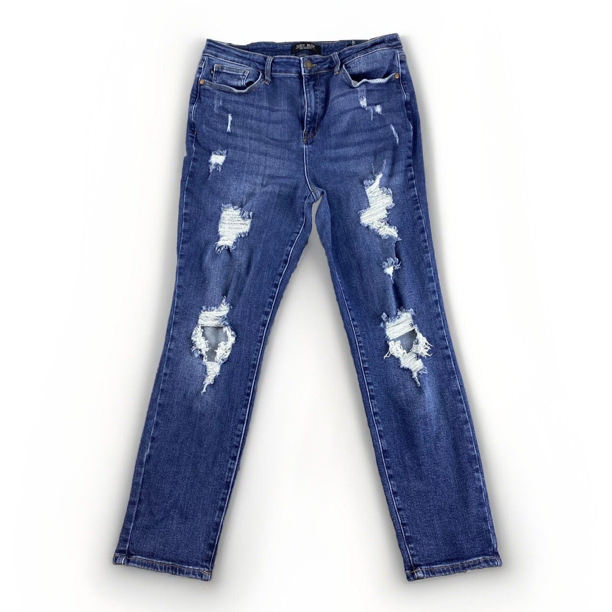 Judy Blue Jeans Womens 15/32 Blue Boyfriend Fit Distressed Stretch Mid Rise