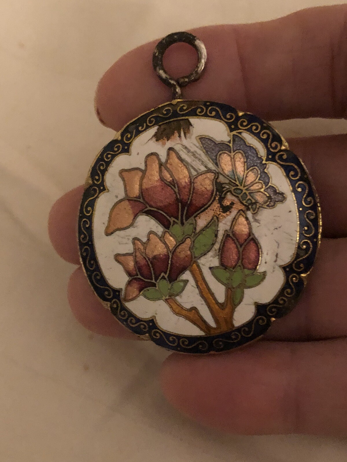 Vintage Cloisonné Floral Enamel Pendant Round (Double Sided) Gold Trim Decor