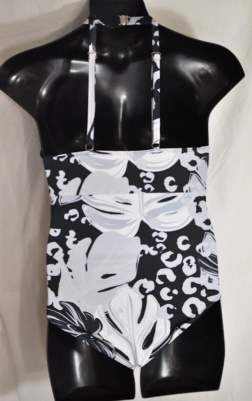 Mujer Sexy Halter Estilo Tirantes Una Pieza Traje De Baño Talla X Grande Negro, Gris Foto 3 de 4