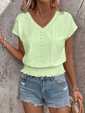 Women's Summer Elasticated Short Sleeve Tee Shirts Loose V-neck Tops Blouse Size