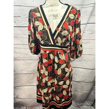 Nine West Womens Leaf Print Faux Wrap Dress Red Black V-Neck Empire Waist Sz 14